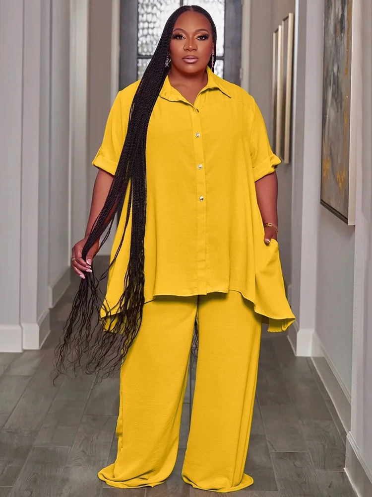 Wmstar Women Plus Size Two Piece Set 5XL Summer Casual Solid Button T Shirt Wide Leg Pants Female Outfits Wholesale Dropshipping