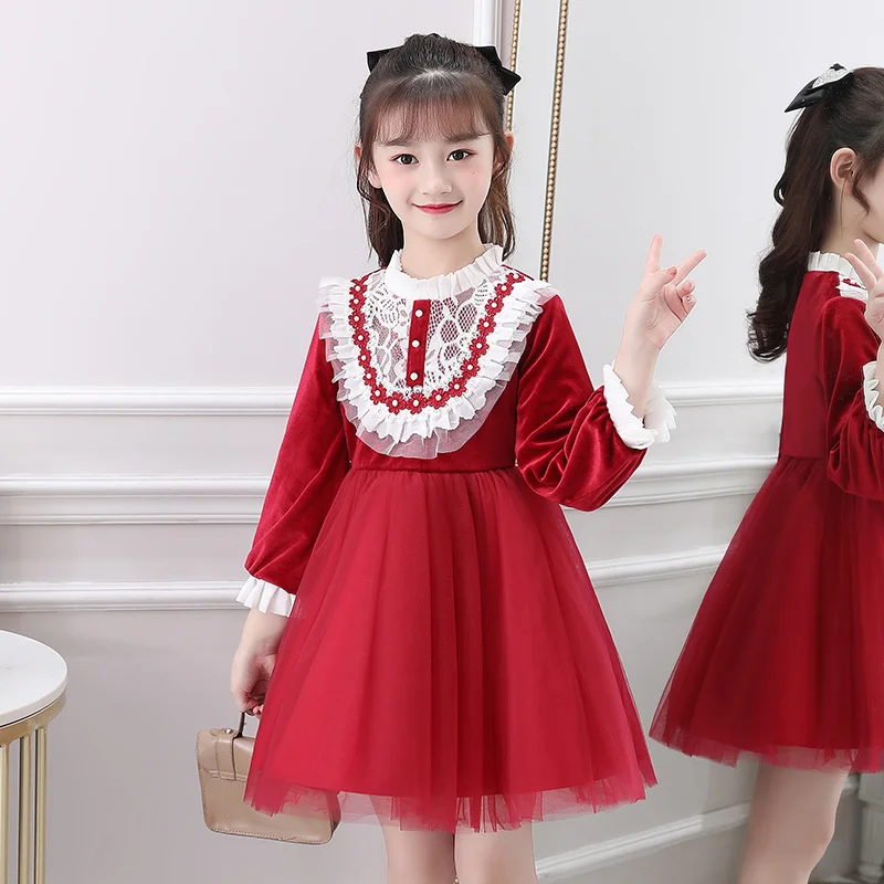 Girls' mesh dress 2022 spring new children's foreign dress Dress Girls' velvet long sleeve Princess Dress