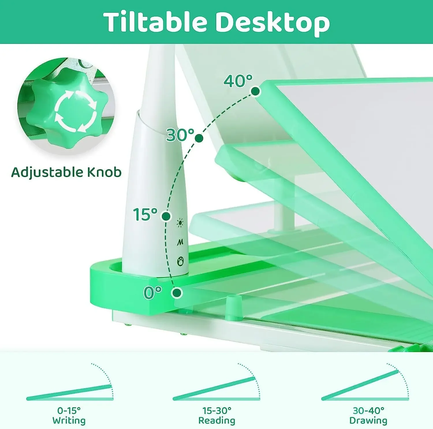 Student Children's Desk, Ergonomic Table and Thair Set, with Drawer, Reading Stand, Anddimmable LED Lamp, Height-Adjustable 4
