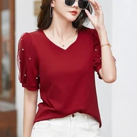 T-shirt à manches courtes pour femmes, Station européenne, Été, Nouveau, Mode, observateur, Luxe, Pur Coton, Col en V, Haut décontracté 4