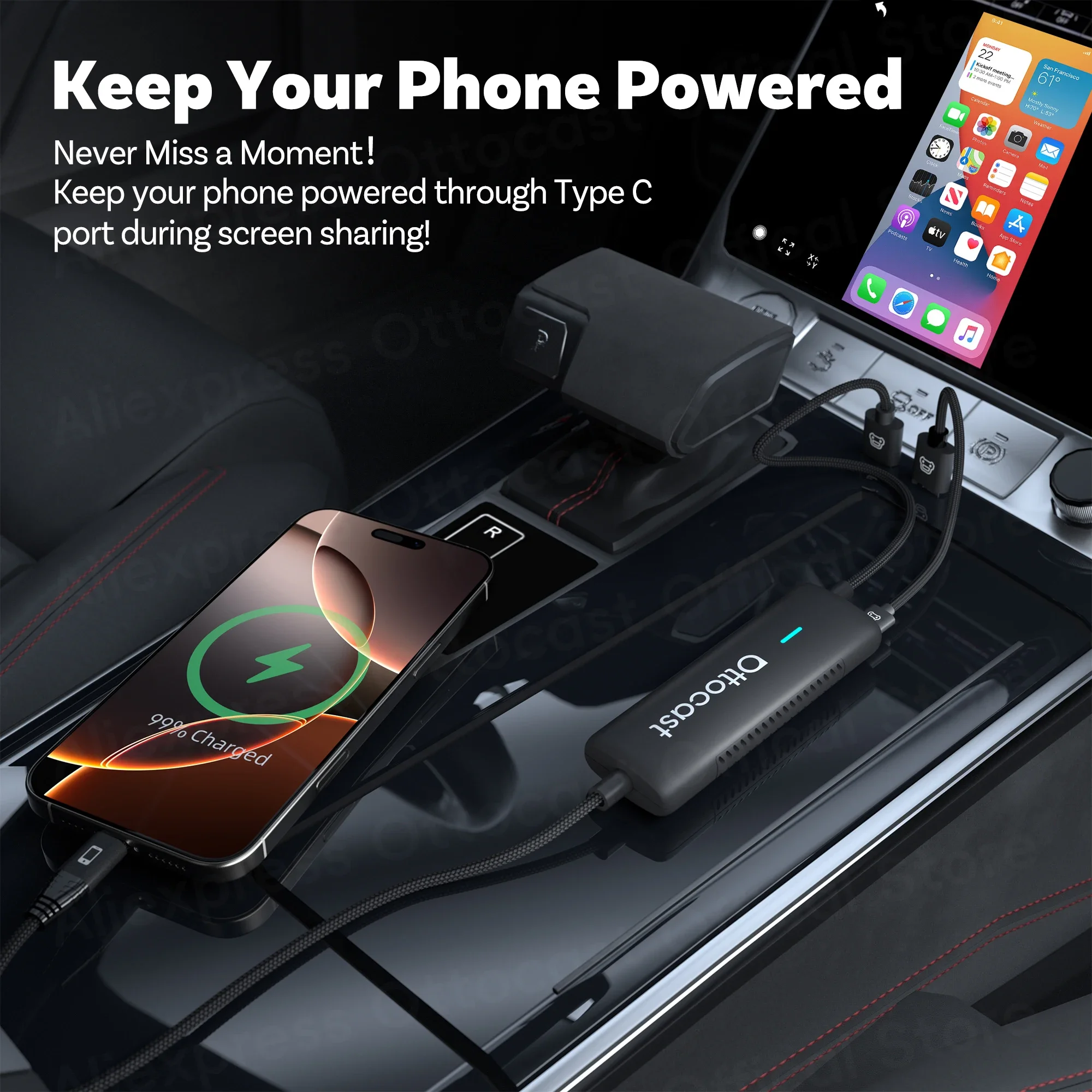 Ottocast Wireless CarPlay Adapter Mirror Touch Stick Car