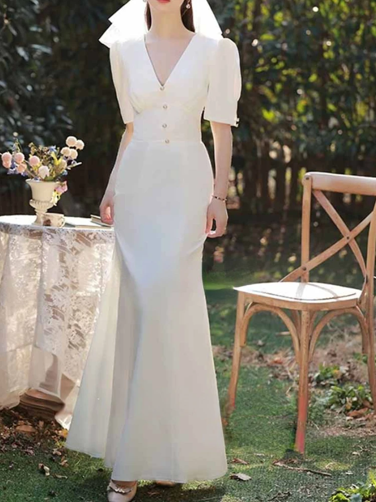 

Popular Vintage French Deep V Short Sleeve Outdoor Shoot Dresses Luxury Slim Fit Mermaid Long Vestidso Front Buttons Design Gown