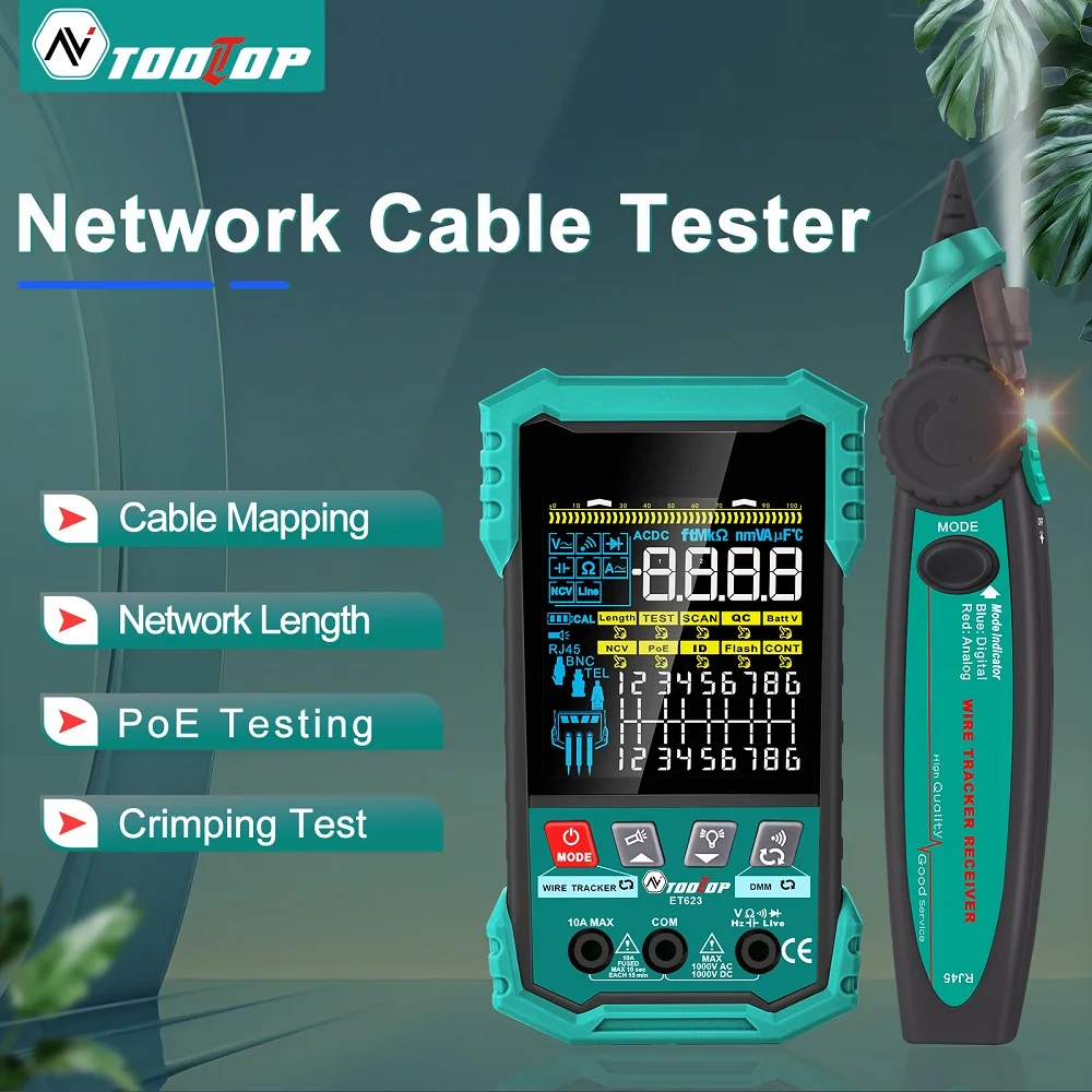 TOOLTOP ET622 400M Network Cable Tester POE Test Cable Mapping AC/DC Multimeter Network Cable Tracing Lithium Battery RJ45 LAN Tester