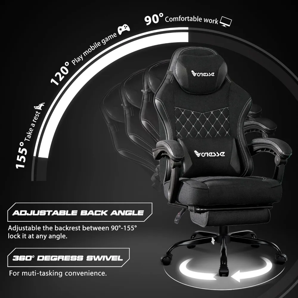 Gaming Chair, Computer Chair Fabric with Pocket Spring Cushion, Office Chair with Footrest and Massage Lumbar Support 6