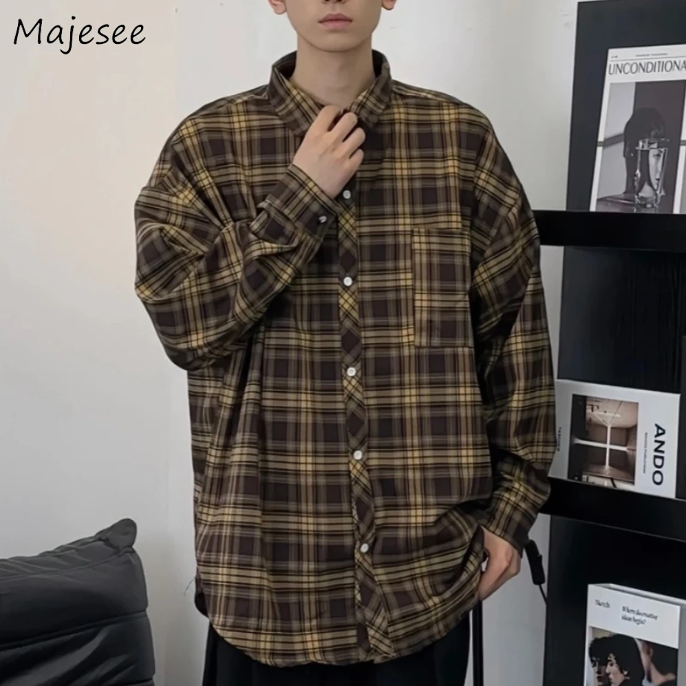 

Plaid Shirts Men Vintage Fashion Teens Couples High Street Handsome All-match Tops Baggy Leisure Aesthetic Clothes Outwear Ins