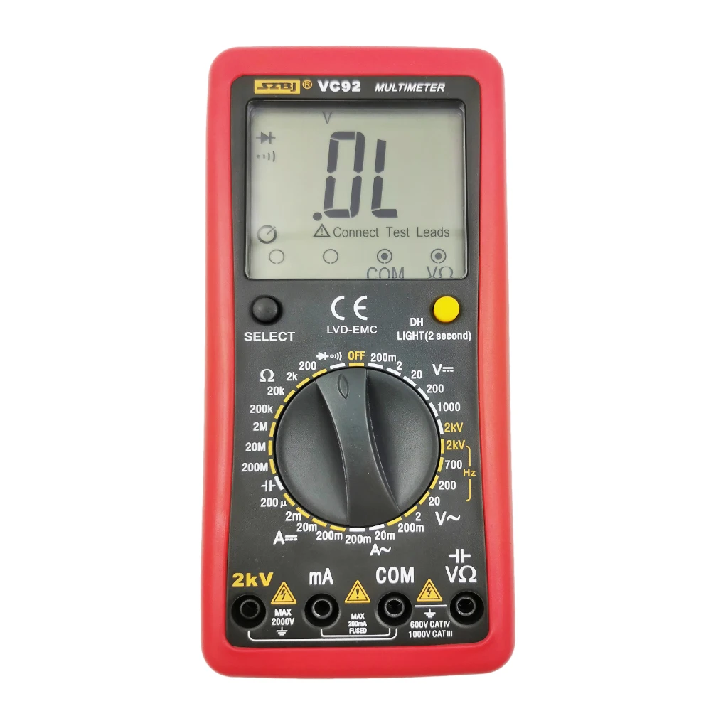 SZBJ VC92 2000V LCD Digital Multimeter AC/DC Diode Capacitance Resistance Measurement Tool Voltage Measurement 2KV High Voltage