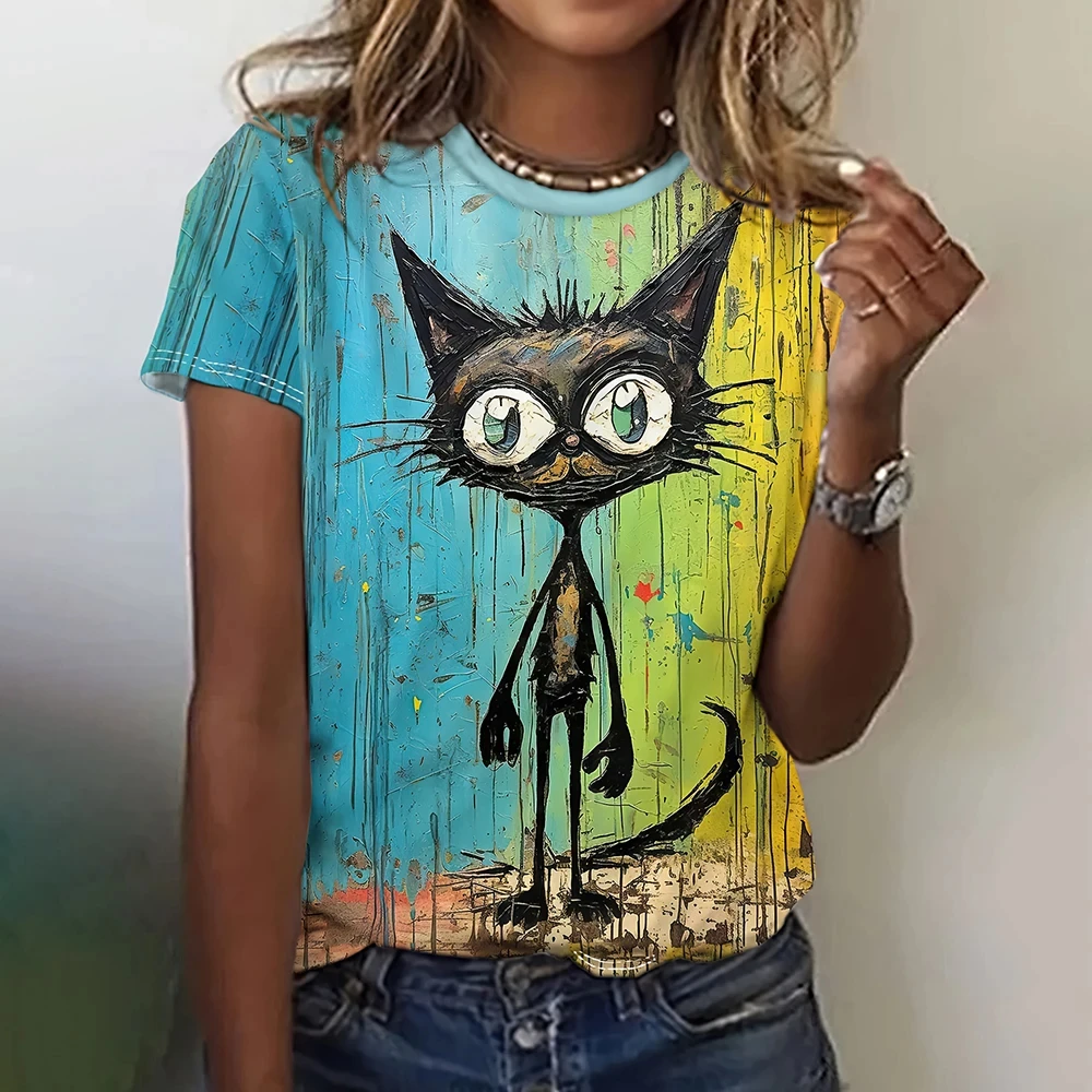 Cartoon Animals Pattern Print Women's T-shirts Summer Fashion Short Sleeves Tees Tops Pullover Loose Streetwear Women Clothing