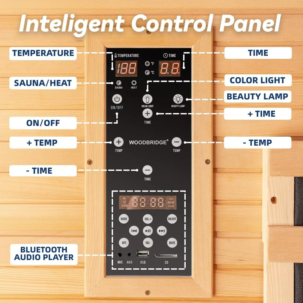 Infrared Home Sauna Room 2 Person Hemlock Wooden Indoor Sauna,7 Carbon 1980W/120V Heaters,with Led Color Therapy Light 5