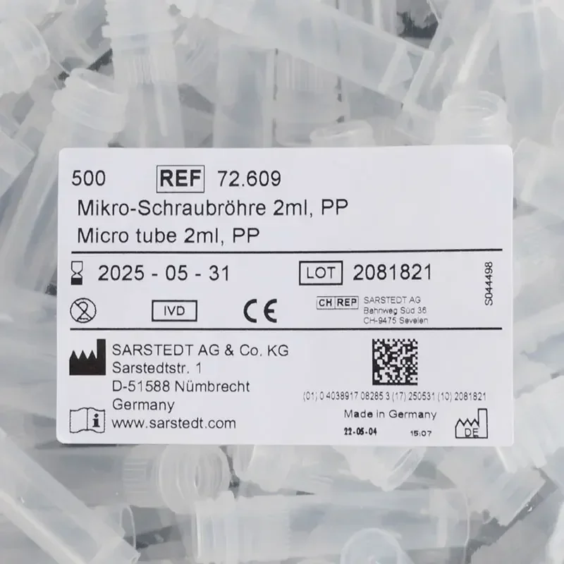 500pcs Sarstedt Micro Spiral Tube 0.5/1.5/2ml Plastic Test Tube 72.694.006 Imported 72.703 Centrifuge Laboratory Sample