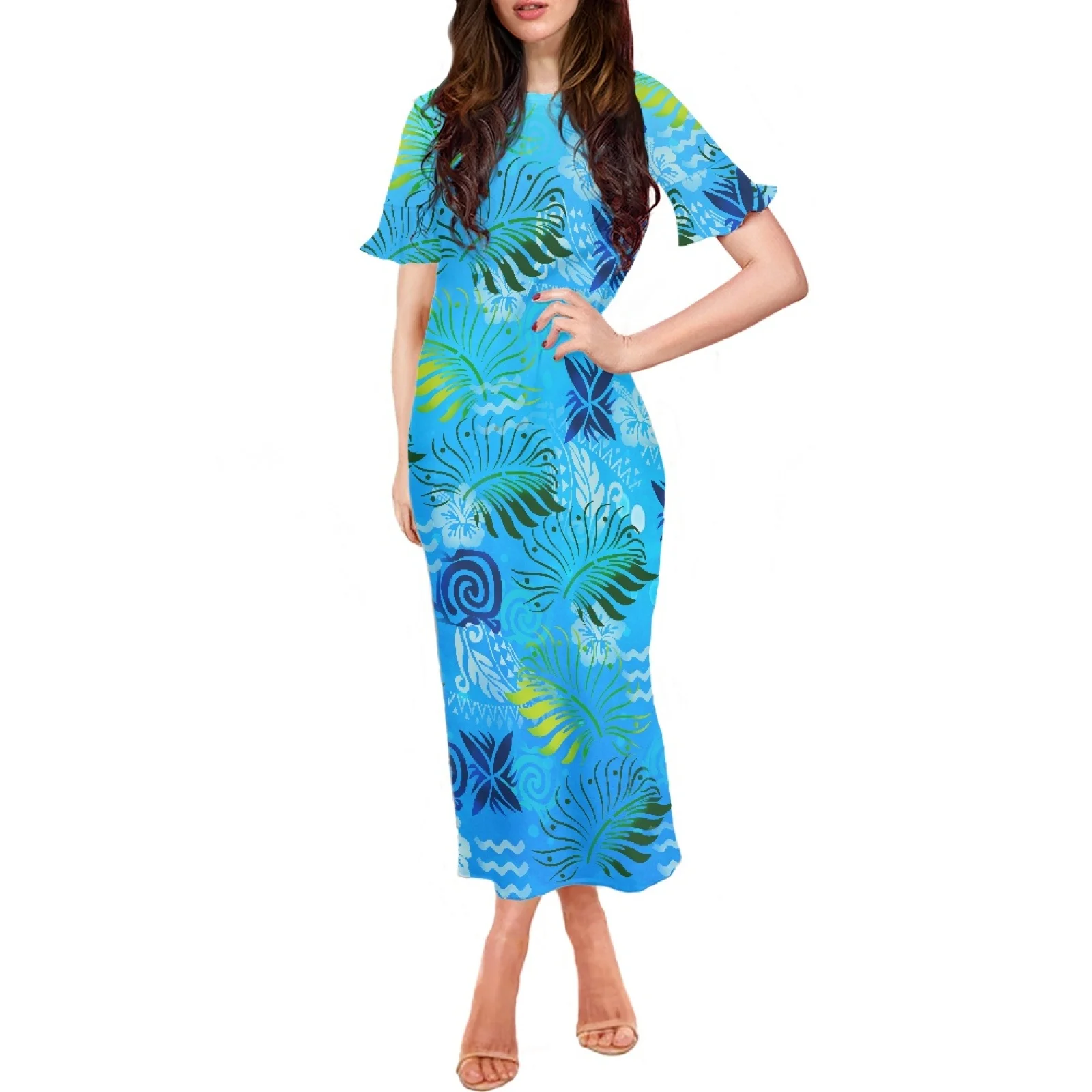 

Женское длинное платье с круглым вырезом и коротким рукавом