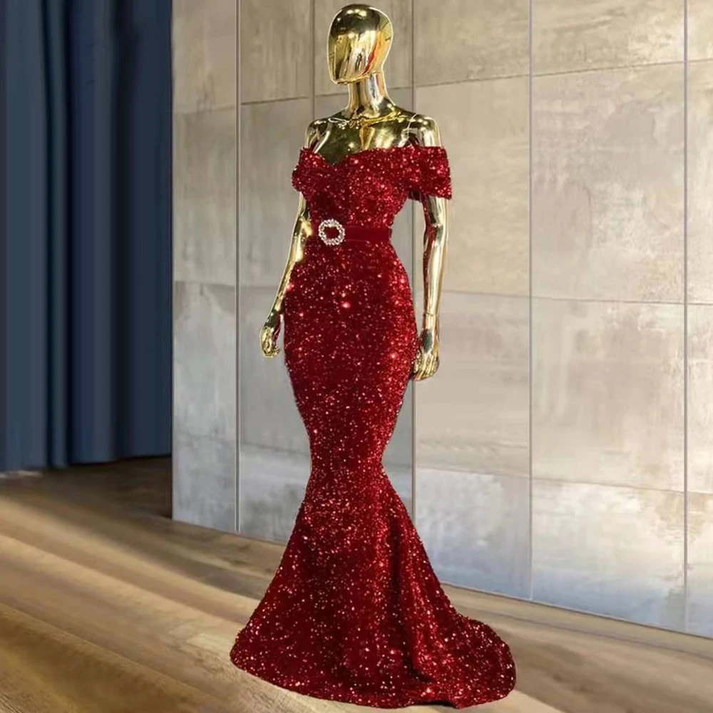 

Shinny Red Sequins Mermaid Formal Prom Dress V Neck Off Shoulder Women Party Night Evening Belt Elegant Vestido De Gala