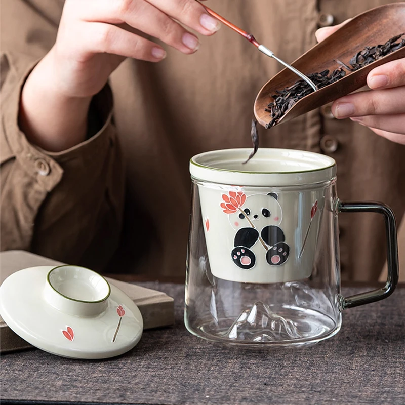 Creative Ceramic Hand Drawn Grass Gray Panda Pattern Cup Home Office Items Porcelain Filtered Tea Water Separation Glass Mug 1Pc