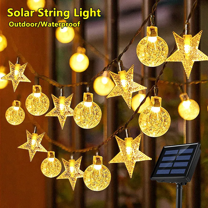 Solar-LED-Lichterkette für Outdoor-Camping, Dekoration, Kristallkugel und Sterne, Lichterkette, 8 Modi, Solarlampe für Halloween, Weihnachten