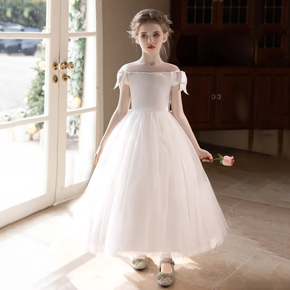 Wed Dress 2025 White Teen Girls Wedding Dress Tulle Ball  Evening Gown Party Wear CostumeGown Big Bow Bridesmaid Dresses Formal