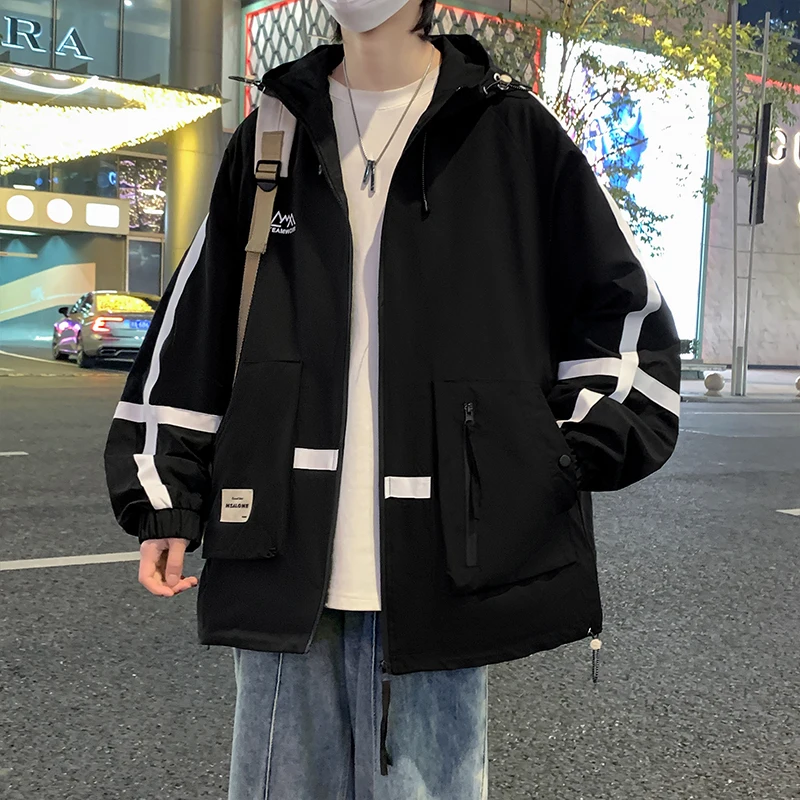 Jacket men's spring and autumn new hooded loose workwear tide brand mountain outdoor waterproof WY splicing couple