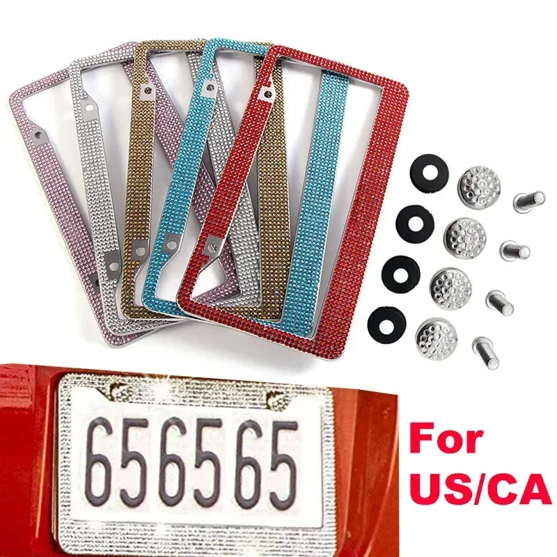 Bling Crystal License Plate Frame Women Luxury Handcrafted Rhinestone Car Frame Plate Cover Holder Stainless Steel Fit US Model