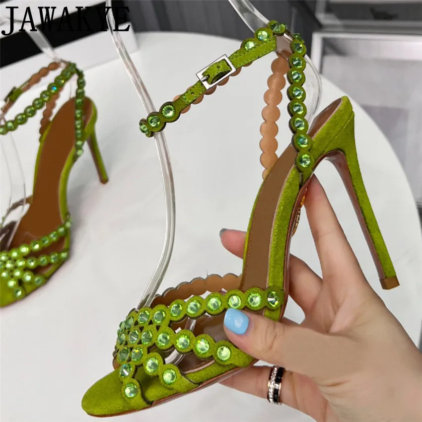 

Real Suede Leather Crystal Sandals Italian Brand High Heels Summer Ankle Strappy Thin High Heel Shoes Sandalias Mujer Verano