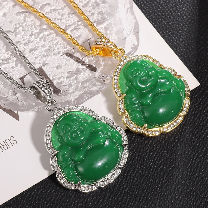 

Fashion Classic Chinese Style Maitreya Buddha Necklace Pendant Green Imitation Natural Stone Lucky Jewelry for Men and Women