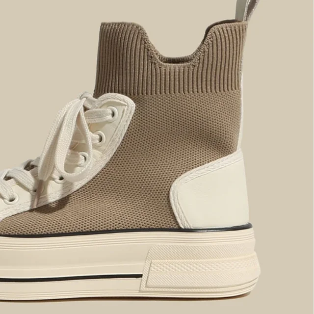 Ankle Knitting Boots Woman Patchwork Shoes High Sneakers Spring Autumn Luxury Breathable Boots for Women Flat Lace-Up Botines 5