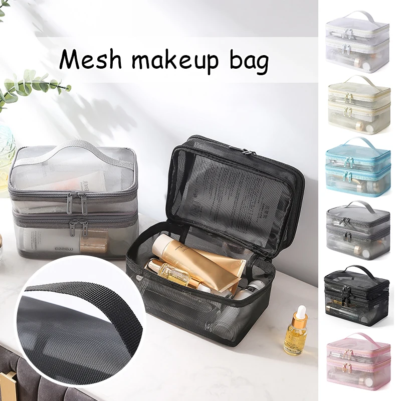 Lightweight Portable Mesh Makeup Bag Travel Cosmetic Storage Wash Bag Seethrough Storage Toiletry Bag Outdoor Accessories large capacity waterproof cosmetic travel storage bag mesh wash hook bags portable digital bag power cable charger sorting bags