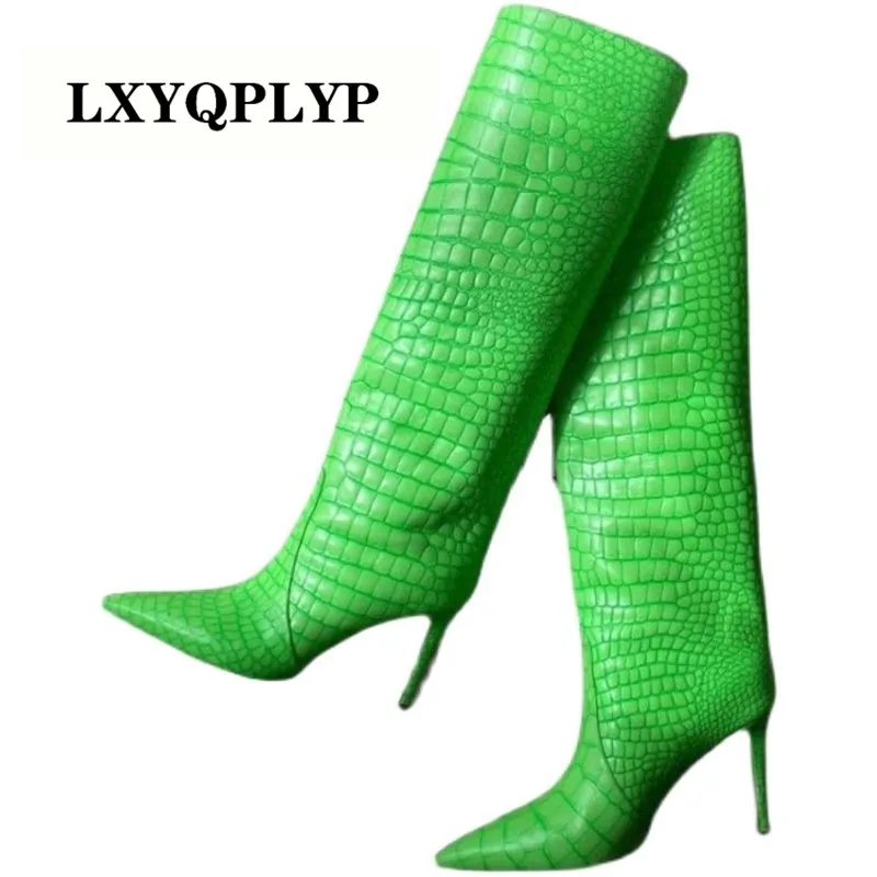 Stivali Autunnali Da Donna Nuovi Stivali Tacco Alto A Punta Pietra Verde Fluorescente 34-43 Stivali Alti Da Donna Scarpe Tacchi Alti Sexy
