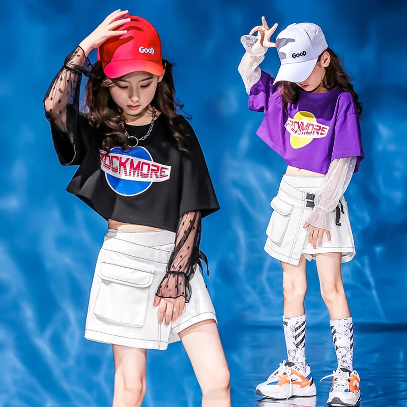 

Kids Hip Hop Lace Sweatshirt Mini Culottes Girls Jazz Crop Top Pantskirt Child Skirt Clothes Sets Stage Street Dance Costumes