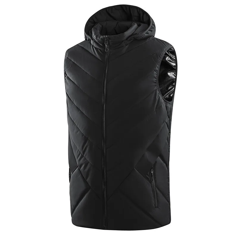 A black USB powered heated vest with customizable heat settings.