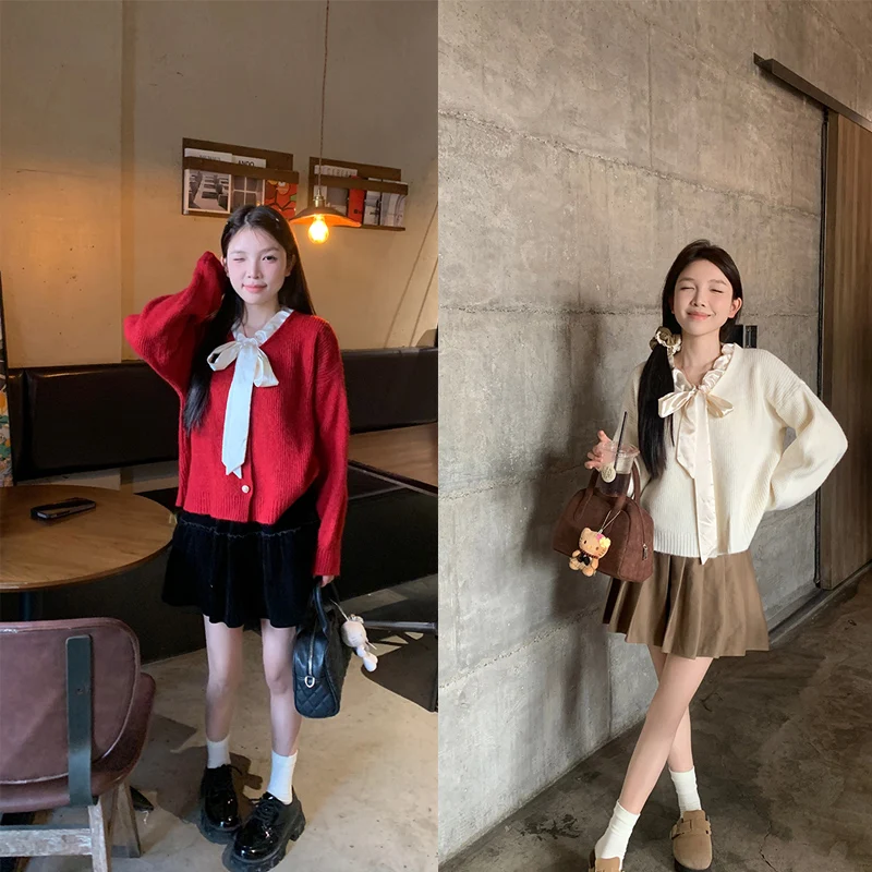 

Korean Sweet Cute girliness Knitted Cardigan Women Silk Bow Patchwork Sweater Streetwear Coat