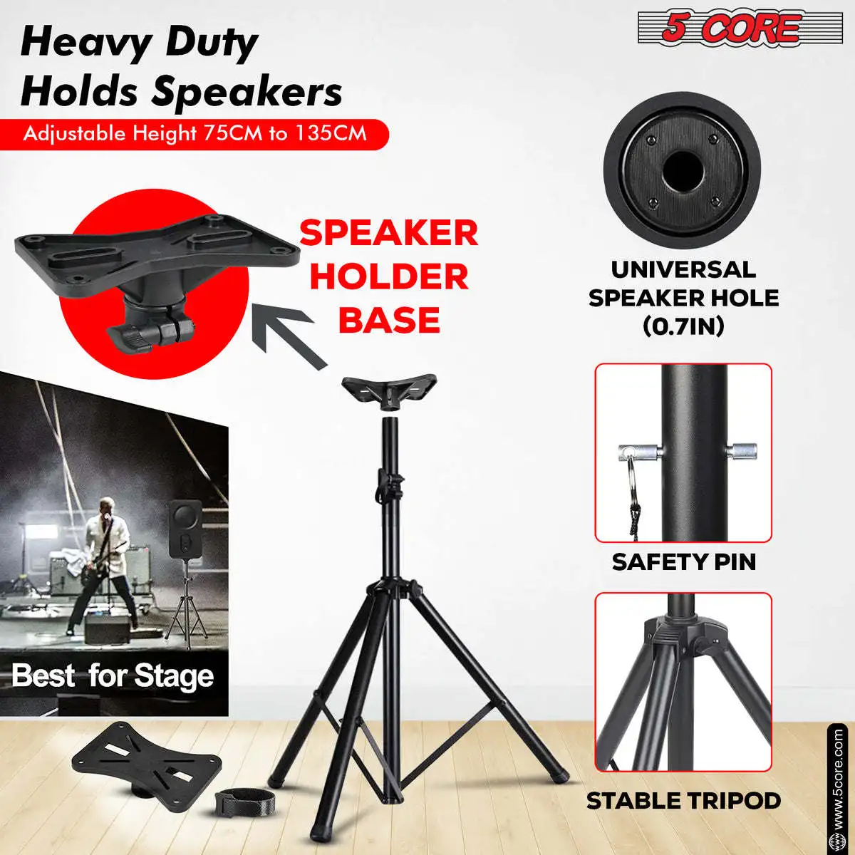 5 Core Speaker Stand Tripod Floor Adjustable Up to 48 Inch DJ Studio Monitor Stands Pole Mount Pair-SS HD 2PK 4FT WB