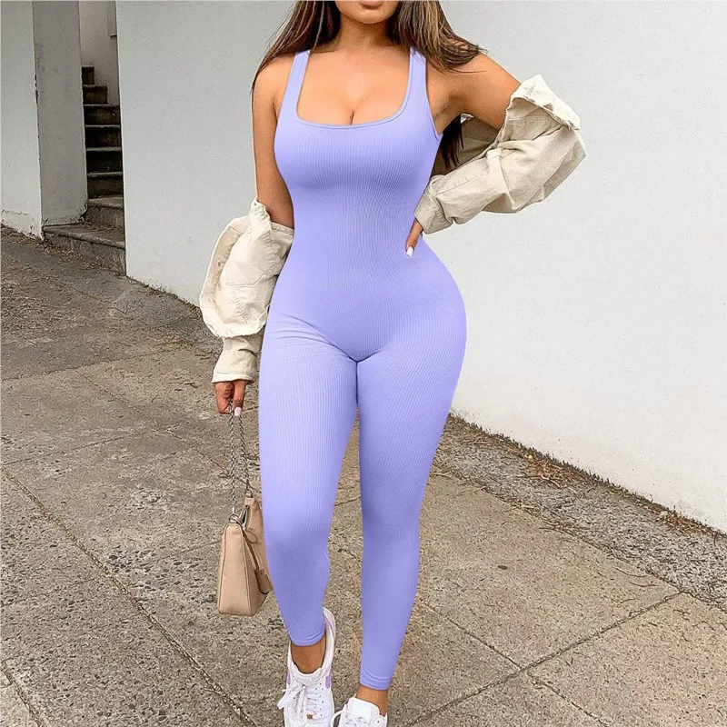 

2024 Women's Solid Color Sleeveless Tank Top Jumpsuit With Thread Square Neck Open Back Slim Fit Sports Jumpsuit Sport Wear