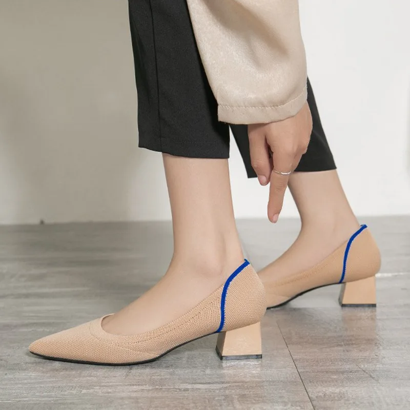 New Shoes for Woman Fashion Pumps High Heel Women Shoes Stretch Fabric Pointed Toe Square Heel Quality Ladies Shoes Platform