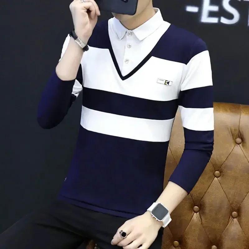 Camiseta polo para hombre Slim Fit rojo Ropa para hombre Top empalmado Abotonado ajustado Coreano Otoño Xl Una nueva a granel Manga larga Es original