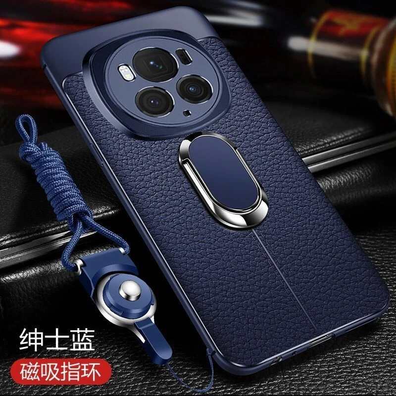 Enhanced Magnetic Phone Case with Holder Ring, PU Silicone Shockproof Bumper Cover