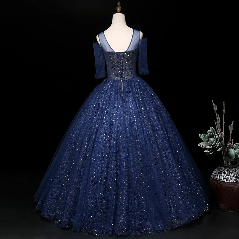 Dark Blue Quinceanera Dresses New Illusion O-neck Half Sleeve Robe De Bal Classic Elegant Bling Shining Plus Size Customized