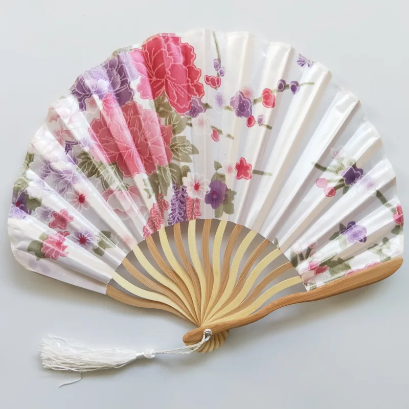Hand Fold Fan Bamboo Wood Silk Flower Japanese Chinese Wedding Decorate Home Gift