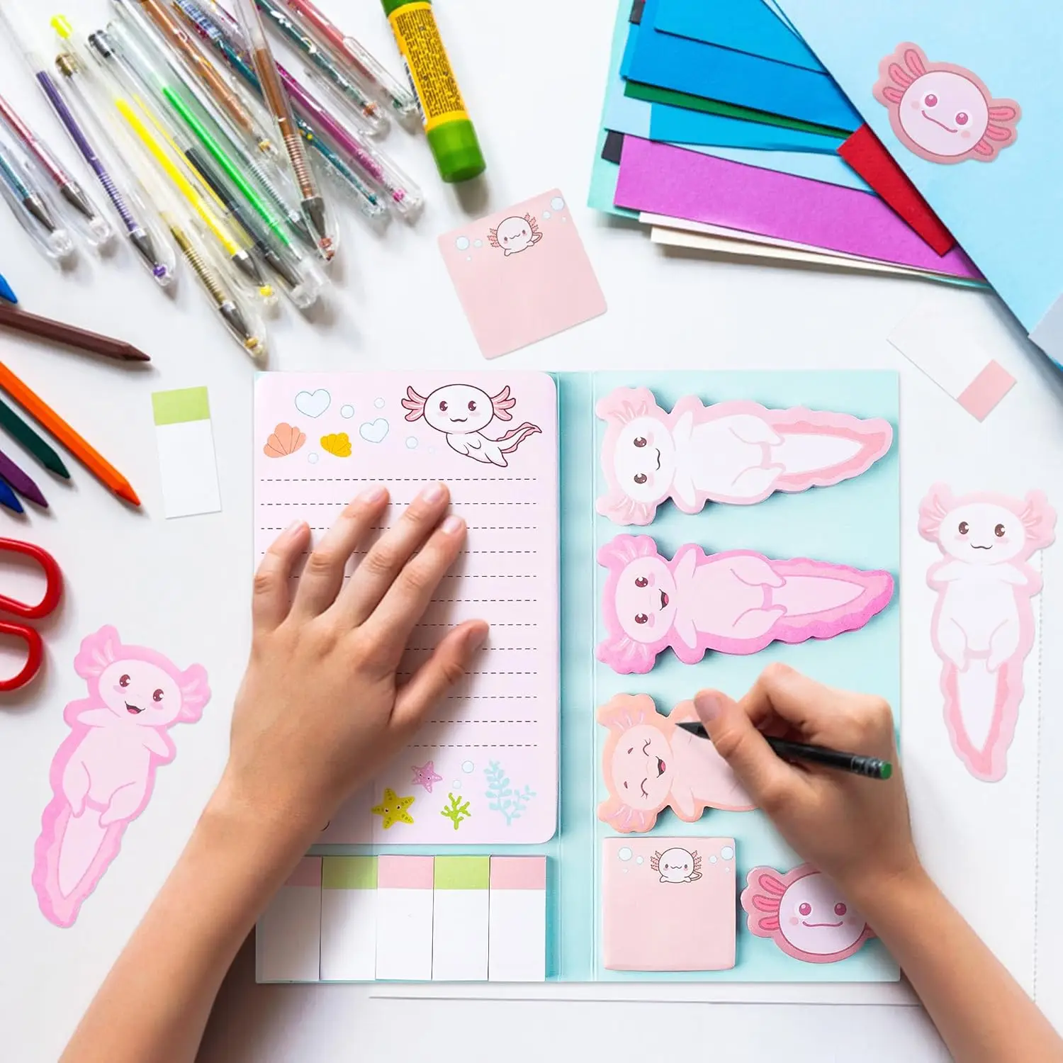 Set di Foglietti Adesivi a Tema Axolotl - Blocco Note con Pesci Mexican Walking Fish, Divisori e Segnapagina per Scuola, Ufficio, Regalo - immagine 3