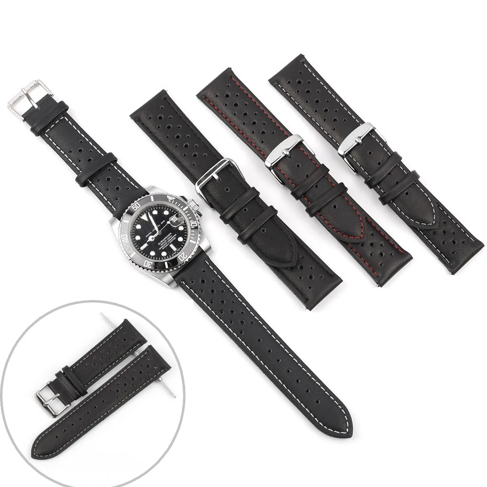 Vintage Handmade Leather Watchband - Black & Brown Breathable Strap