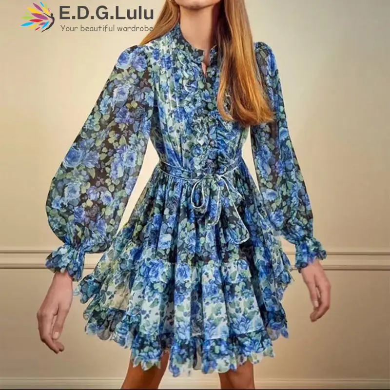 

EDGLuLu Elegant Stand Collar Single Breasted Blue Floral Dress+Mini Camisole Dress Two Piece Set Women 2024 Spring Lady 0121