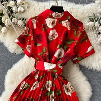 2026 Summer Women Floral Pleated Dress Vintage Turn-Down Collar Short Sleeve Single Breasted Printed Draped Midi Vestidos New - Image 4