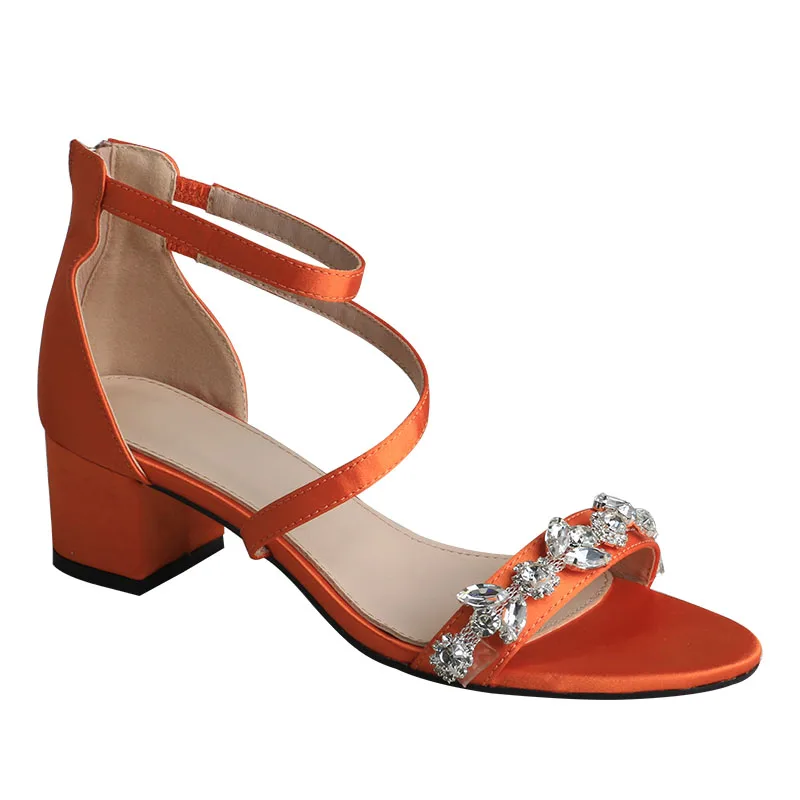 

Bling Big Stone Crystal Satin Sandals Chunky Block Heels Lady Dress Shoes Twisted Strap Zip back Bridal Wedding Party Birthday