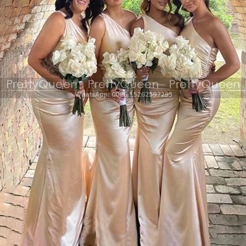 

Champagne Long Bridesmaid Dresses Mermaid One Shoulder Sleeveless Sheath Wedding Guest Dress Party For Women