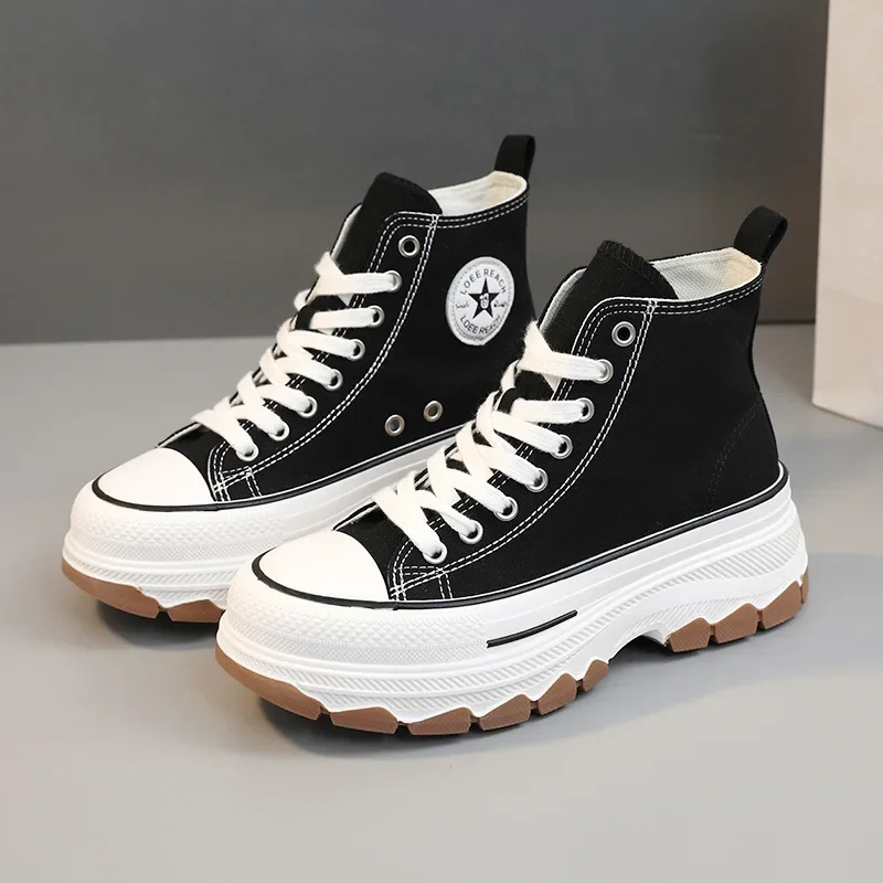 2024 Spring autumn Female Women High Top Sneakers Lace-Up Casual Plarform Height Canvas Non-slip Wear Resistant Vulcanize Shoes 5
