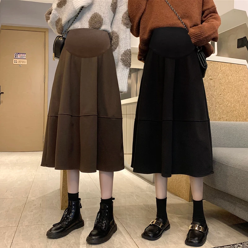 587# Autumn Winter Woolen Maternity Skirts Elastic Waist Belly A Line Clothes for Pregnant Women Dense Pregnancy Pants