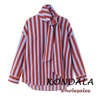 KONDALA Vintage Striped Bow Women Casual Asymmetric Shirt Fashion 2026 Spring Single Breasted Shirt Streetwear Chic Female Shirt