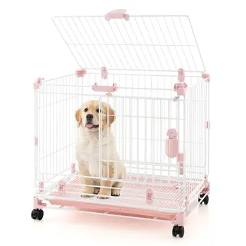 ERGOMASTER Folding Dog Kennel Metal Wire Dog Crate Cage W/ Lockable Wheels & Lockable Doors