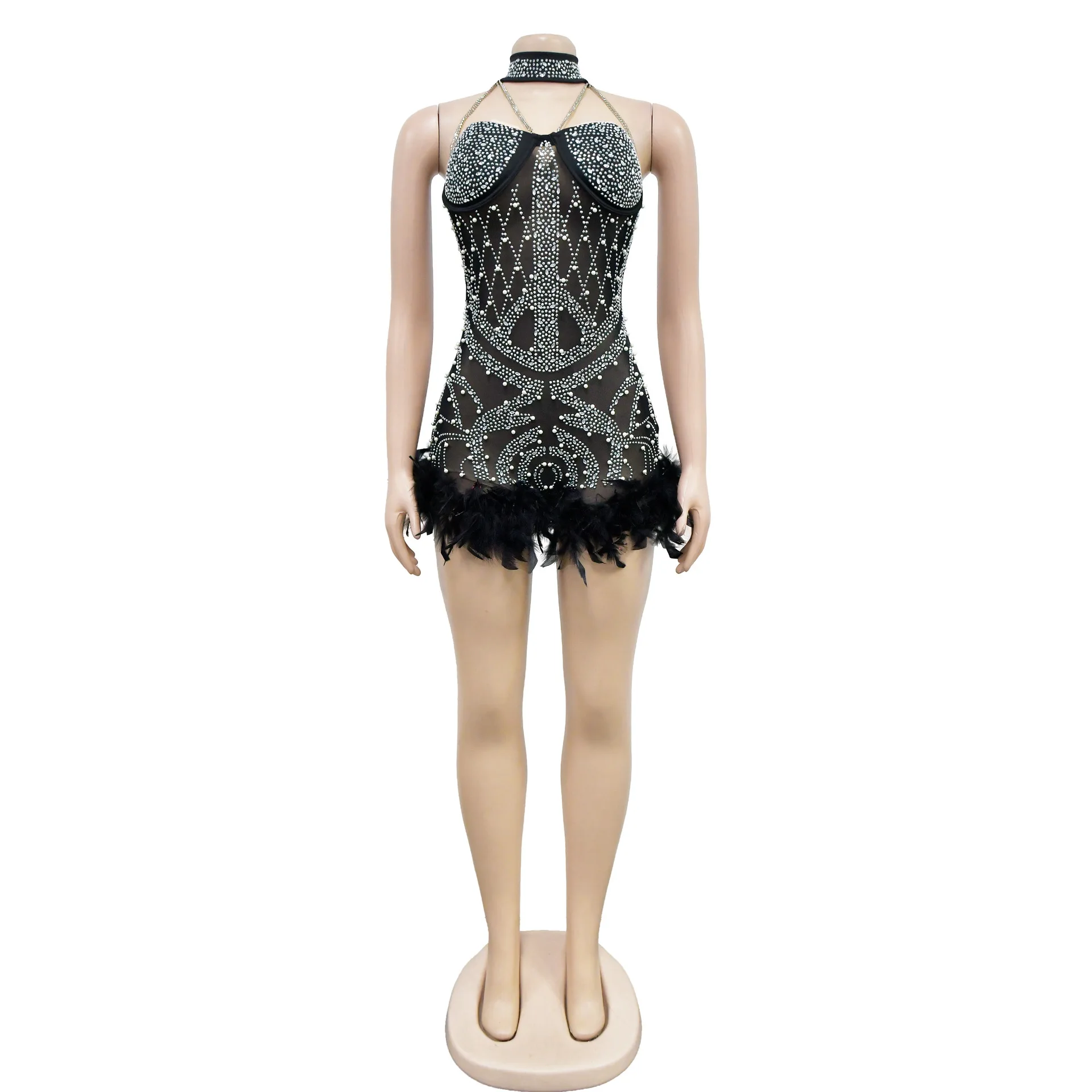 Sexy Mesh Rhinestone Feather Jumpsuit Women One Piece Outfit 2023 Summer Fashion New Club Pants Female Elegant Luxury Playsuits