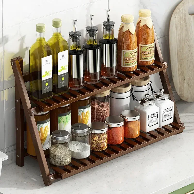 다기능 데스크탑 접이식 스토리지 랙 주방 조미료 2 층 스토리지 랙 대나무 탁상 스토리지 조미료 랙