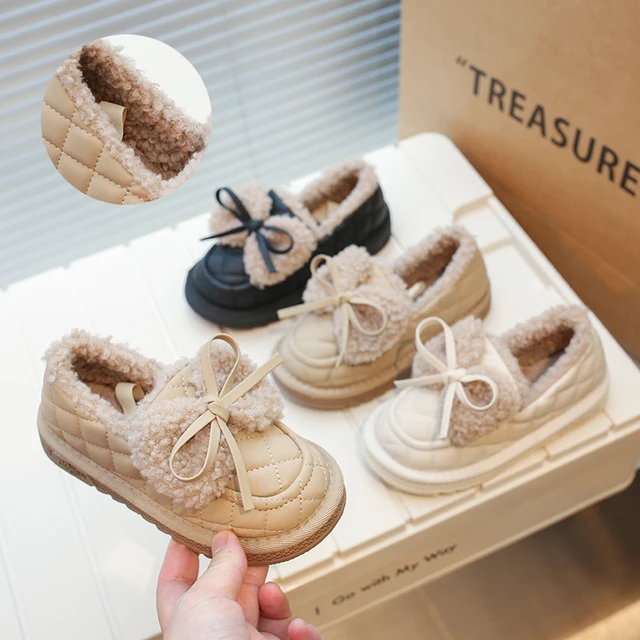 Baby Children s Loafers 2023 New Khaki Girls Padded Bow Baby Shoes Autumn Winter Beige Non-slip Flat Kids Baby Soft Cotton Shoes