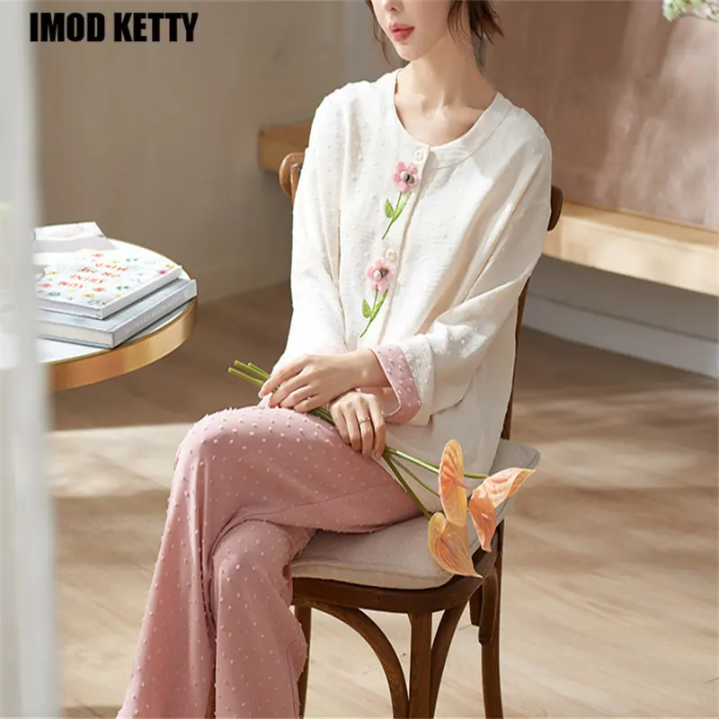 

Round neck Spring Autumn Long sleeved Elegant Leisure Harajuku Korean Weaving Cotton Home Furnishing Set Women Pajamas Homewear