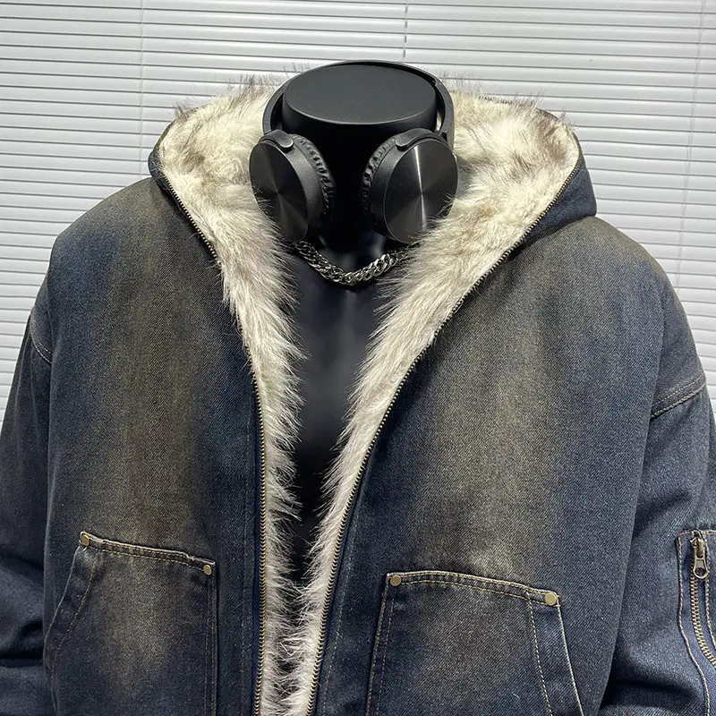 FEWQ Men's Padded Jackets New Fashion Denim Fleece Hooded Worn-out Zipper Patchwork Loose Winter Male Clothing Stylish 24F1011 3